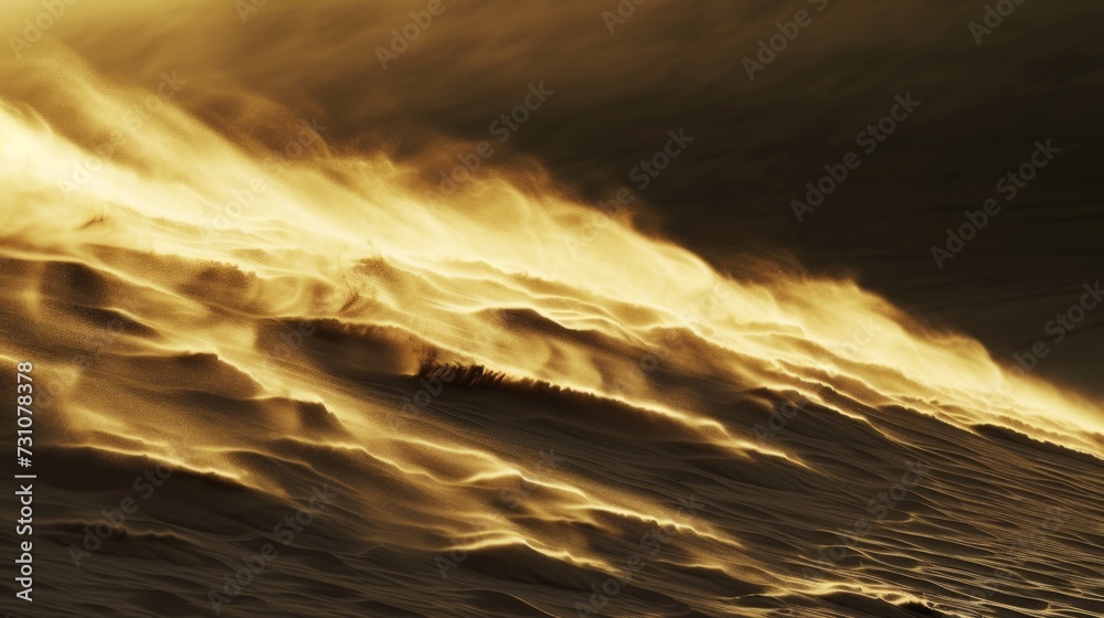 A massive dune being shaped by strong winds, causing sand to cascade from its peak, resembling a wave of sand. A massive dune being shaped by strong winds, causing sand to cascade from its peak, resembling a wave of sand.