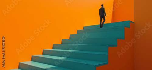 A business person walking on a staircase. Business progress and development concept