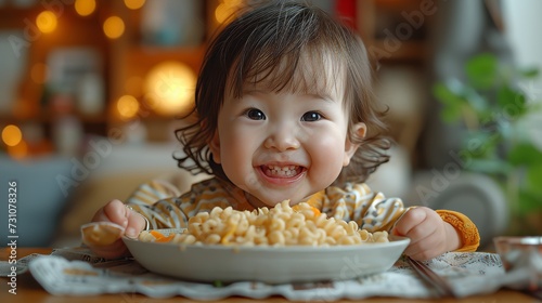 An Asian child eats in the living room