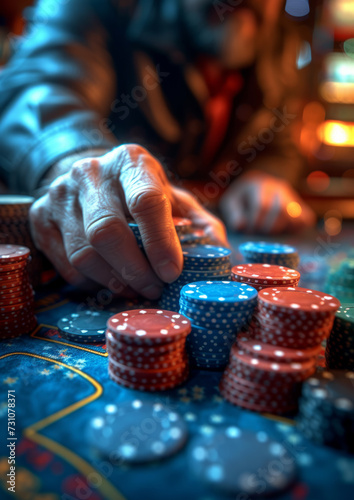 Man playing poker in the casino. Casino player slams poker chips down