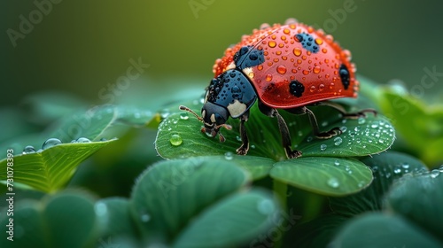 a close up of a ladybug on a leaf with drops of water on it's back legs.
