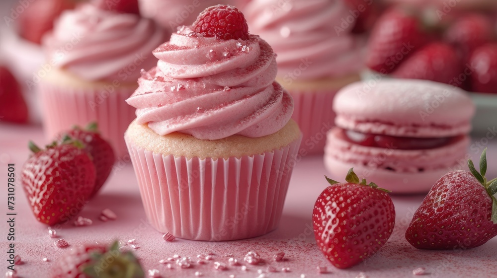 a close up of a cupcake with pink frosting and strawberries on the side of the cupcake.