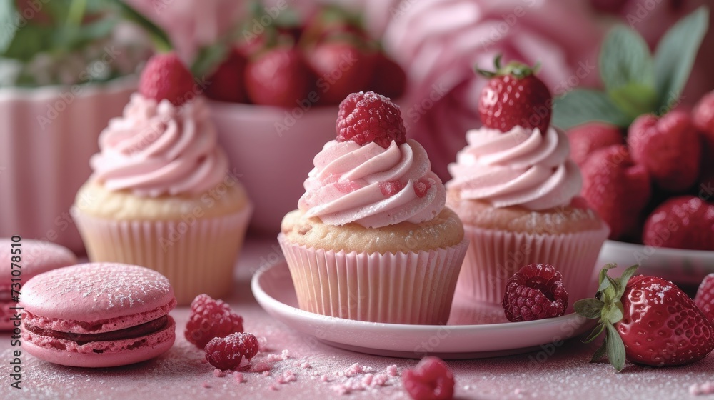 a close up of a plate of cupcakes with frosting and raspberries on a pink table.