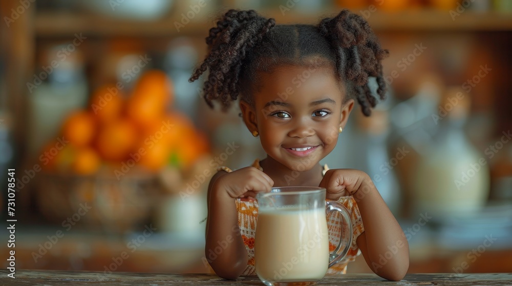 Φωτογραφία Happy, smiling and strong African girl is flexing muscles with calcium in a glass from healthy drink for energy, growth, and nutrition