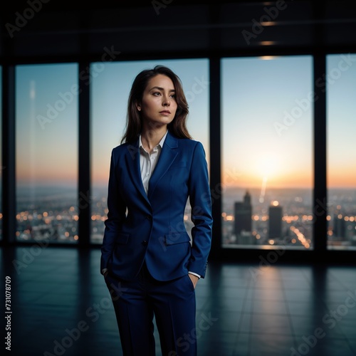 A woman in a blue suit stands in front of a window with a city skyline at sunset.