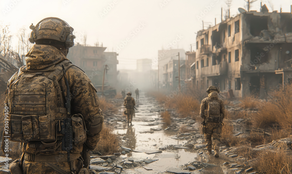 American soldiers patrol the deserted streets of the destroyed city. The concept of terrorist attack.