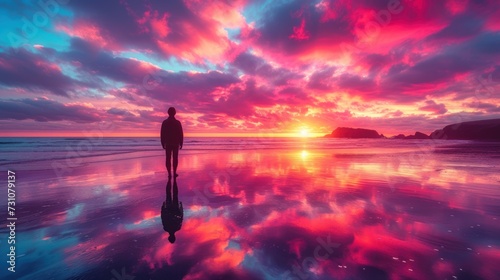 a man standing on top of a beach next to the ocean under a purple and blue sky filled with clouds.