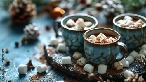 miniature hot cocoa mugs, featuring tiny marshmallows and rich chocolate, arranged on a miniature cozy winter scene © Tina