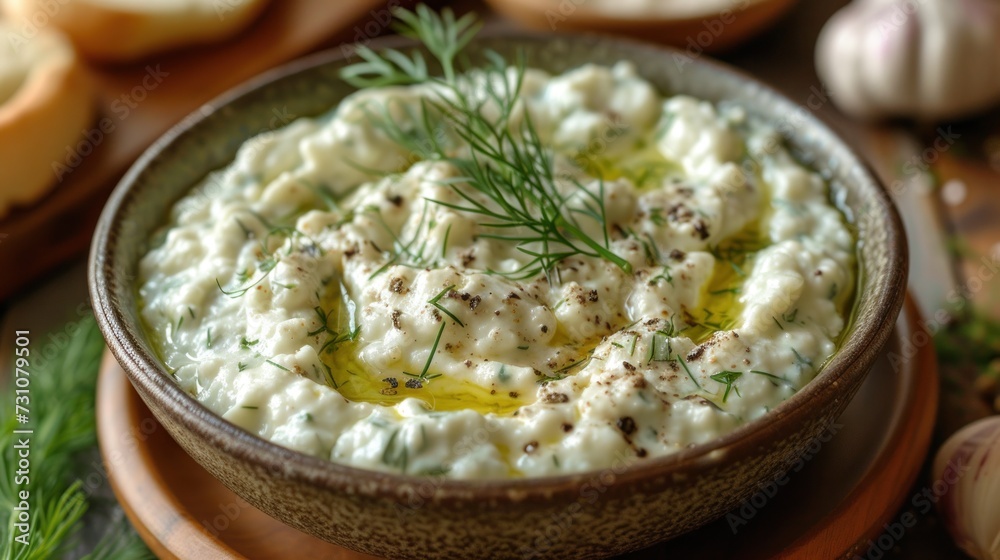 a bowl of mashed potatoes with a sprig of dill on top of a plate next to garlic and garlic.