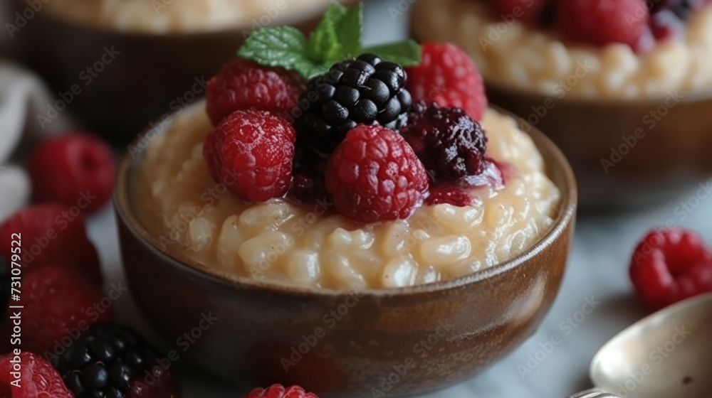 a close up of a dessert in a bowl with raspberries and raspberries on top of it. a close up of a dessert in a bowl with raspberries and raspberries on top of it.