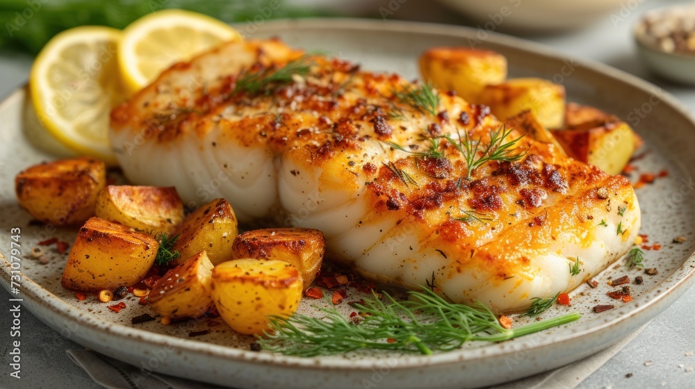 a close up of a fish on a plate with potatoes and lemon wedges on the side of the plate.