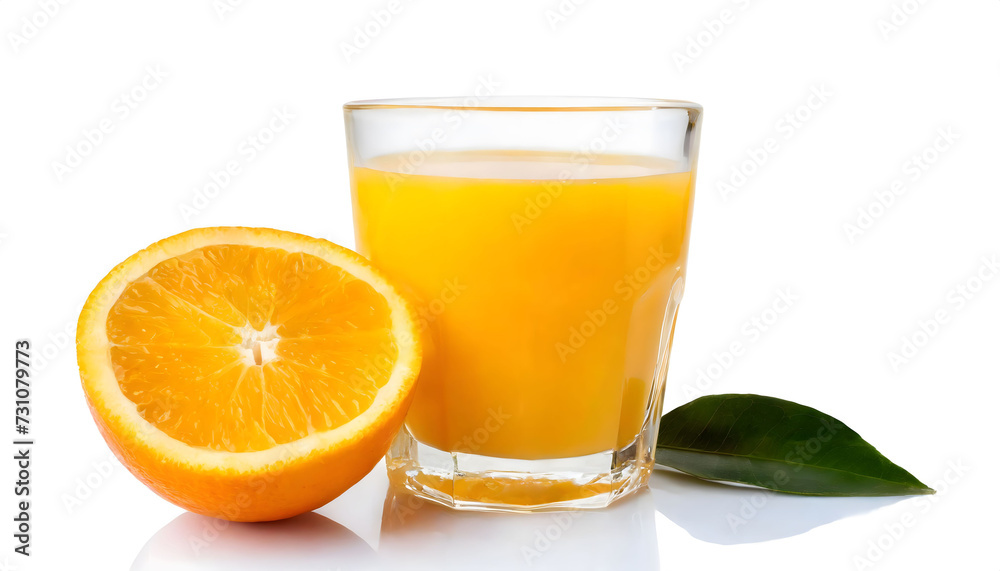Orange juice and a sliced orange Orange juice and a sliced orange