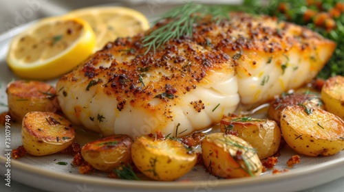 a close up of a plate of food with fish and potatoes on a plate with lemon wedges and parsley.