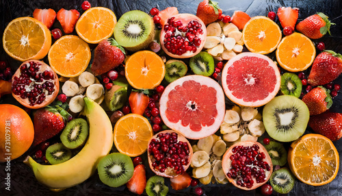 Sliced mixed fruits, banana, strawberry, orange, pomegranate, carrot, apple, grapefruit, kiwi