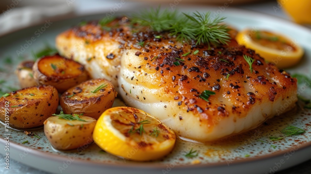 a close up of a plate of food with chicken, potatoes and lemons on a table with utensils.