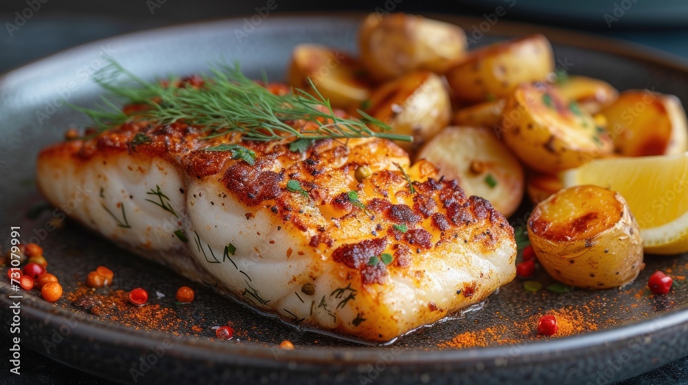 a close up of a plate of food with fish, potatoes and a lemon wedge on the side of the plate. a close up of a plate of food with fish, potatoes and a lemon wedge on the side of the plate.