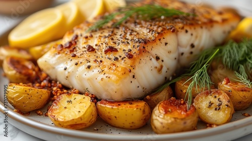 a close up of a fish on a plate with potatoes and lemons on a table with other food items.