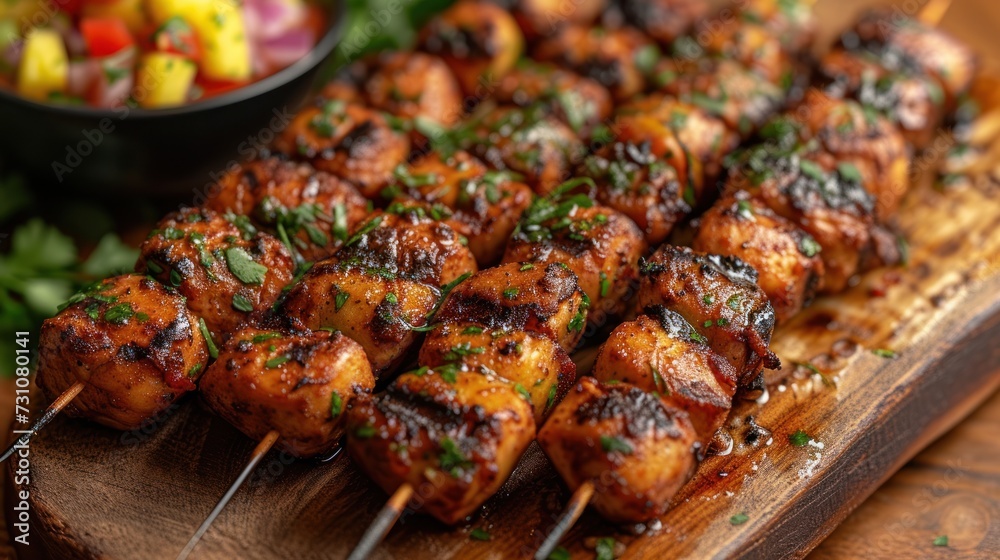 a wooden cutting board topped with skewers of skewers filled with meat and veggies next to a bowl of salad.