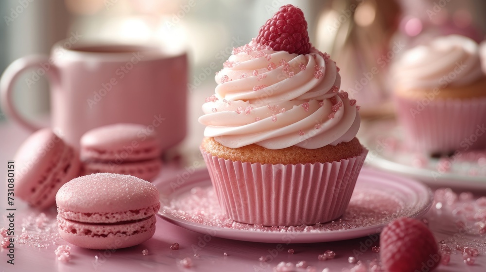 a close up of a cupcake on a plate near a cup of coffee and a cupcake on a plate.