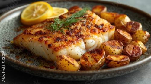 a close up of a plate of food with fish, potatoes, and lemon wedges on top of it.