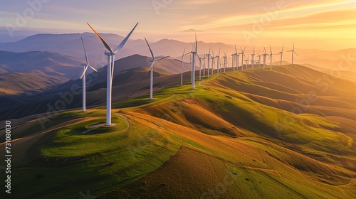 Wind Turbines at Sunset, Renewable Energy Landscape, Sustainable Power Generation, Clean Energy Hills, Eco-Friendly Technology, Green Energy Development, Environmental Conservation, Picturesque © R Studio