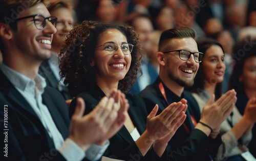 Business colleagues smiling and applauding at a conference event held in a convention center. © vadymstock
