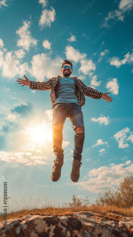 Low angle view of a smiling man levitating mid-air against the sky. Low angle view of a smiling man levitating mid-air against the sky.