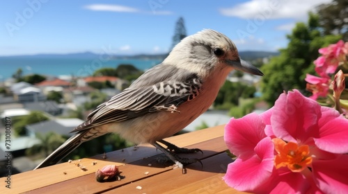 a bird sitting on top of a wooden table next to a pink flower and a body of water in the background. photo