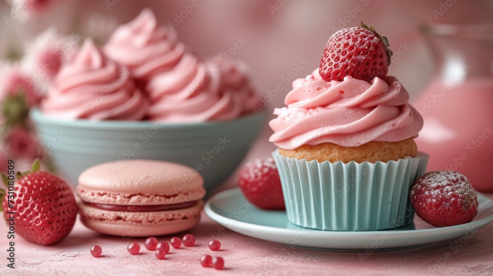 a close up of a plate of cupcakes with frosting and strawberries on a table next to a bowl of strawberries. a close up of a plate of cupcakes with frosting and strawberries on a table next to a bowl of strawberries.
