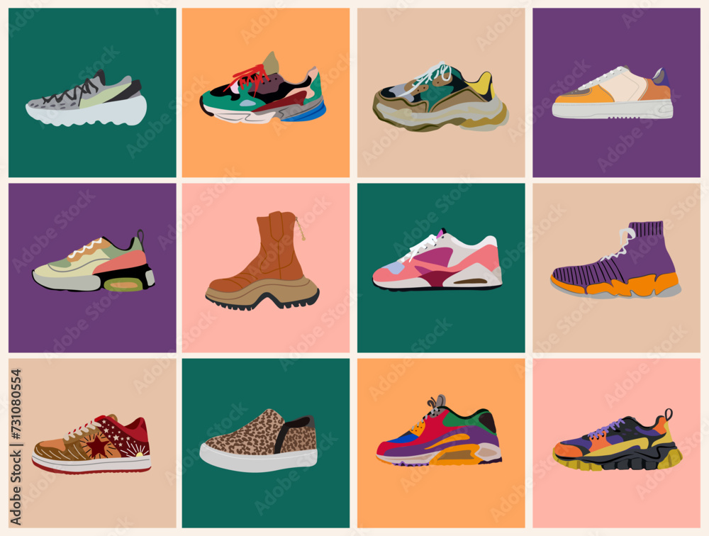 Set of different Fashion sneakers. Modern sports shoes icons collection. Trendy sportswear for men and women. Cool bright sport footwear. Vector realistic illustration isolated on colorful background.