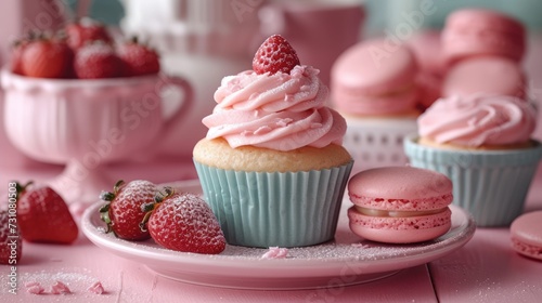 a plate topped with cupcakes covered in frosting and topped with strawberries next to a bowl of strawberries.