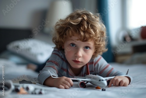 A happy boy is playing with a model airplane in his room.