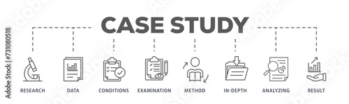 Case study banner web icon illustration concept with icon of research, data, conditions, examination, method, in-depth, analyzing, and result