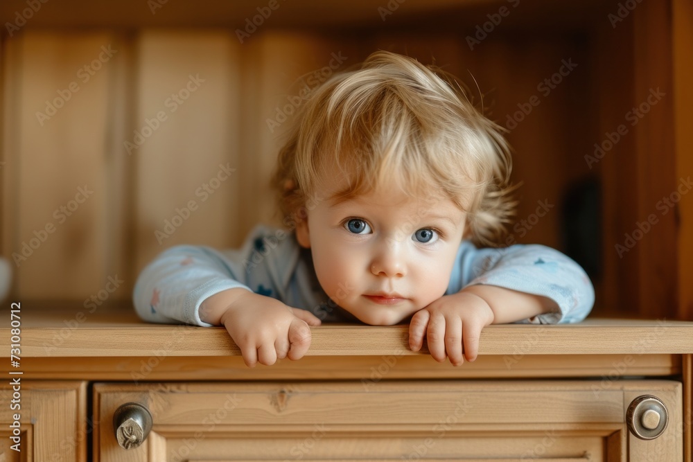 Young children run hide and seek in the front of a cabinet or drawer. Young children run hide and seek in the front of a cabinet or drawer.