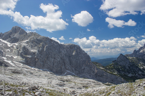 Panorama of massive Alpine mountains. Landscape in the Austrian Alps of the Dachstein region