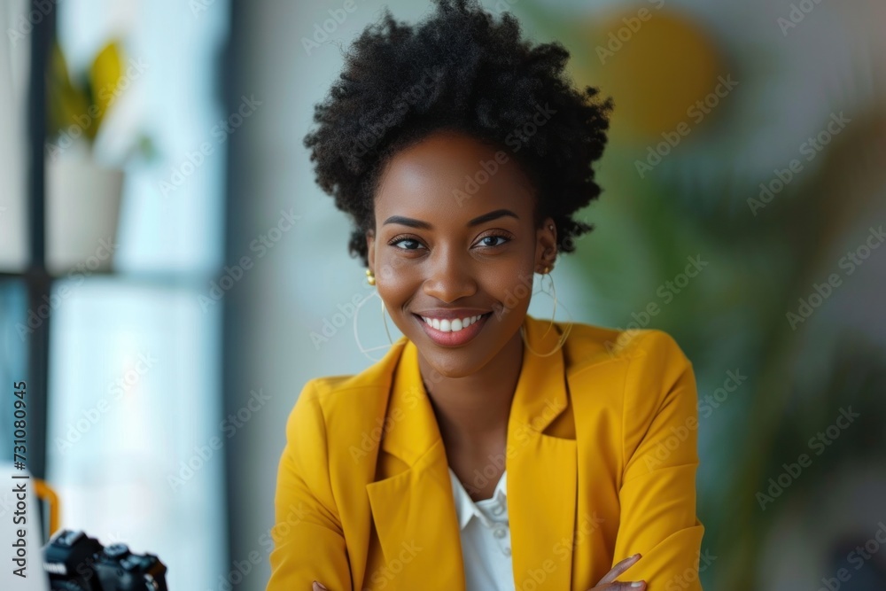 Beautiful African American businesswoman in yellow suit smiling at professional camera in office Beautiful African American businesswoman in yellow suit smiling at professional camera in office