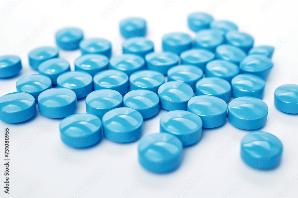 Small blue tablets or pills on white background. Medicinal treatment. Pharmaceutical industry. Pharmacy drugstore products Small blue tablets or pills on white background. Medicinal treatment. Pharmaceutical industry. Pharmacy drugstore products