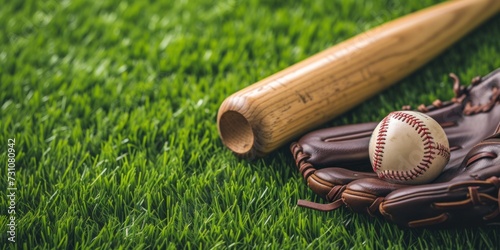 Baseball bat, glove and ball on artificial grass Sports theme with copy space for text and ads. photo