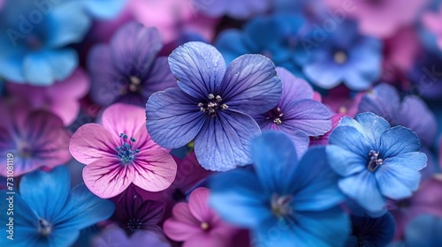 a bunch of blue and pink flowers are in the middle of a group of purple and blue flowers in the middle of a group of blue and pink and purple flowers.