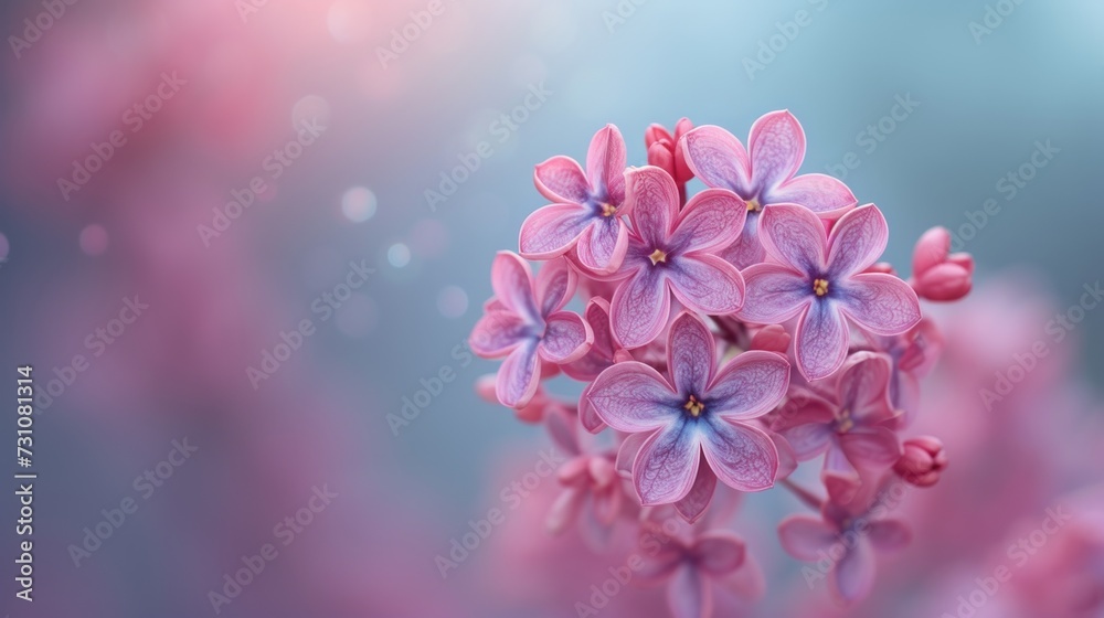 a bunch of pink flowers sitting on top of a blue and pink table cloth on top of a wooden table.