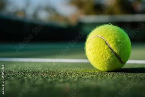 Close-up shot of tennis ball on tennis court background. © ORG