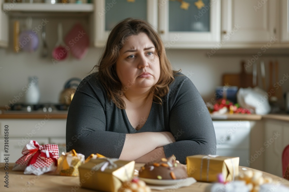 Fototapeta premium Overweight woman, hopeless or upset, sitting on table with food, snacks, desserts, overweight and obesity problem concept.