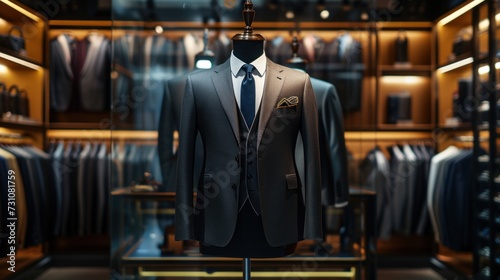 Mannequin suit in modern boutique, luxury men's clothing store sign