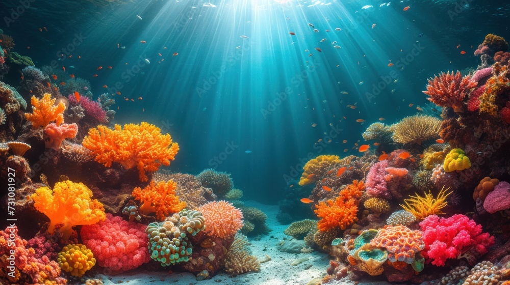 an underwater view of a coral reef with lots of colorful corals and small fish swimming around the corals.