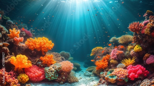 an underwater view of a coral reef with lots of colorful corals and small fish swimming around the corals. © Nadia