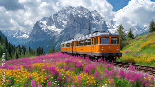 a yellow train traveling through a lush green hillside covered in wildflowers and a snow capped mountain in the background.