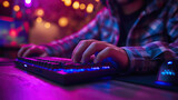 Cropped view of gamer using keyboard with lighting in cyber club
