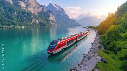 a red and white train traveling down a river next to a lush green hillside covered with trees and a forest.