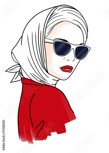 Fashion portrait of a model in a headscarf vector hand drawn fashion illustration