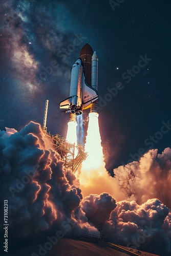 Rocket takes off. Vertical orientation. Blast and smoke.